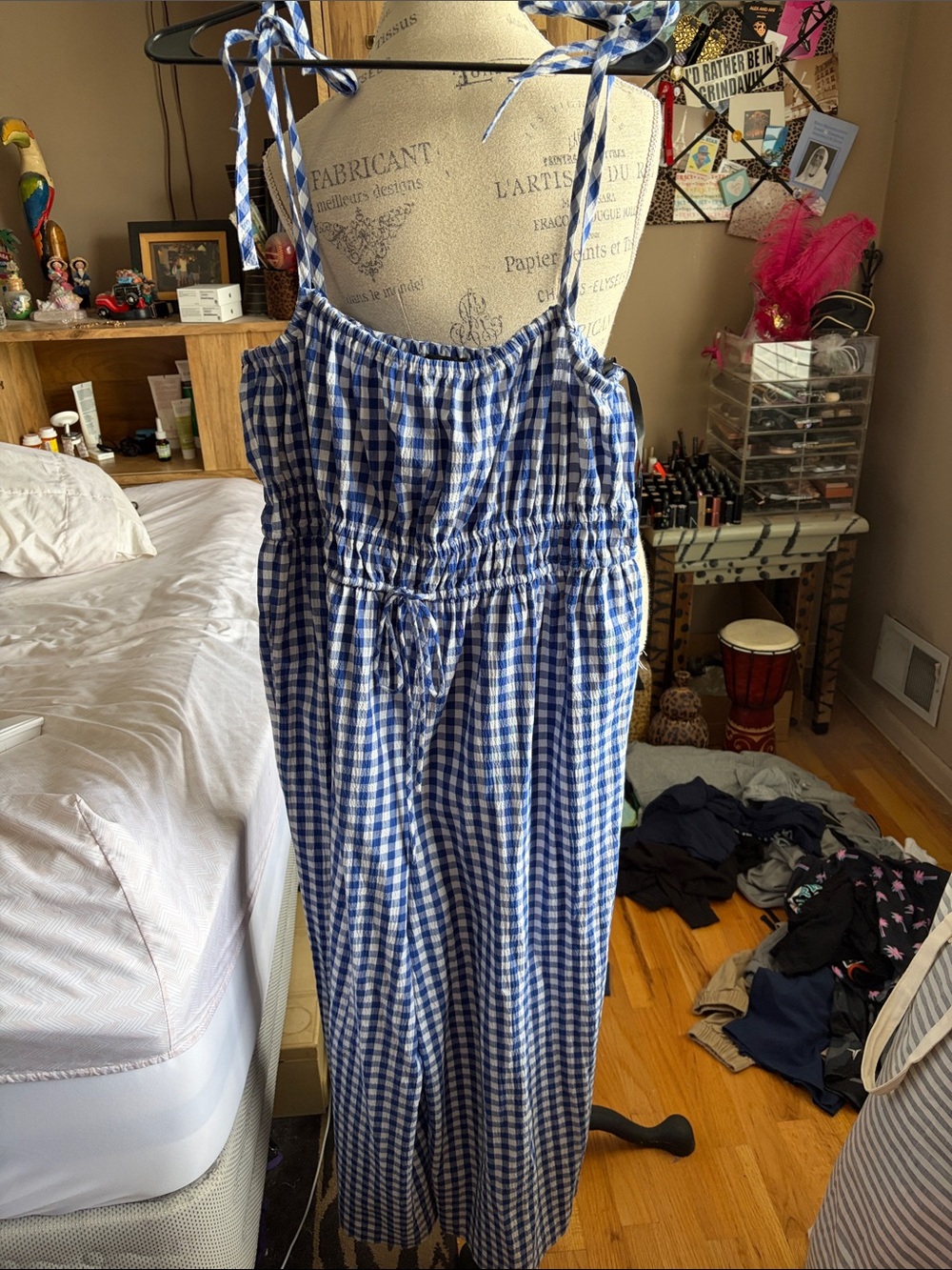 Kate Spade Blue Gingham Tie-Strap Jumpsuit - Large